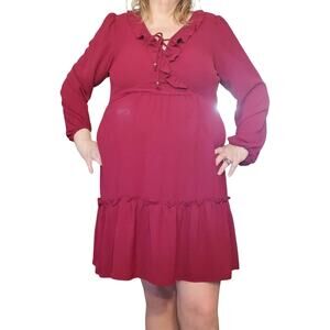 City Triangles XL (marked XXL) Burgundy Red Tiered Mini Dress Lined Front Tie